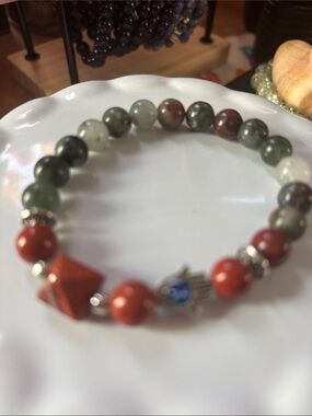 Natural African Blood Stone Bracelet with Red Jasper and Green Agate with Hamsa